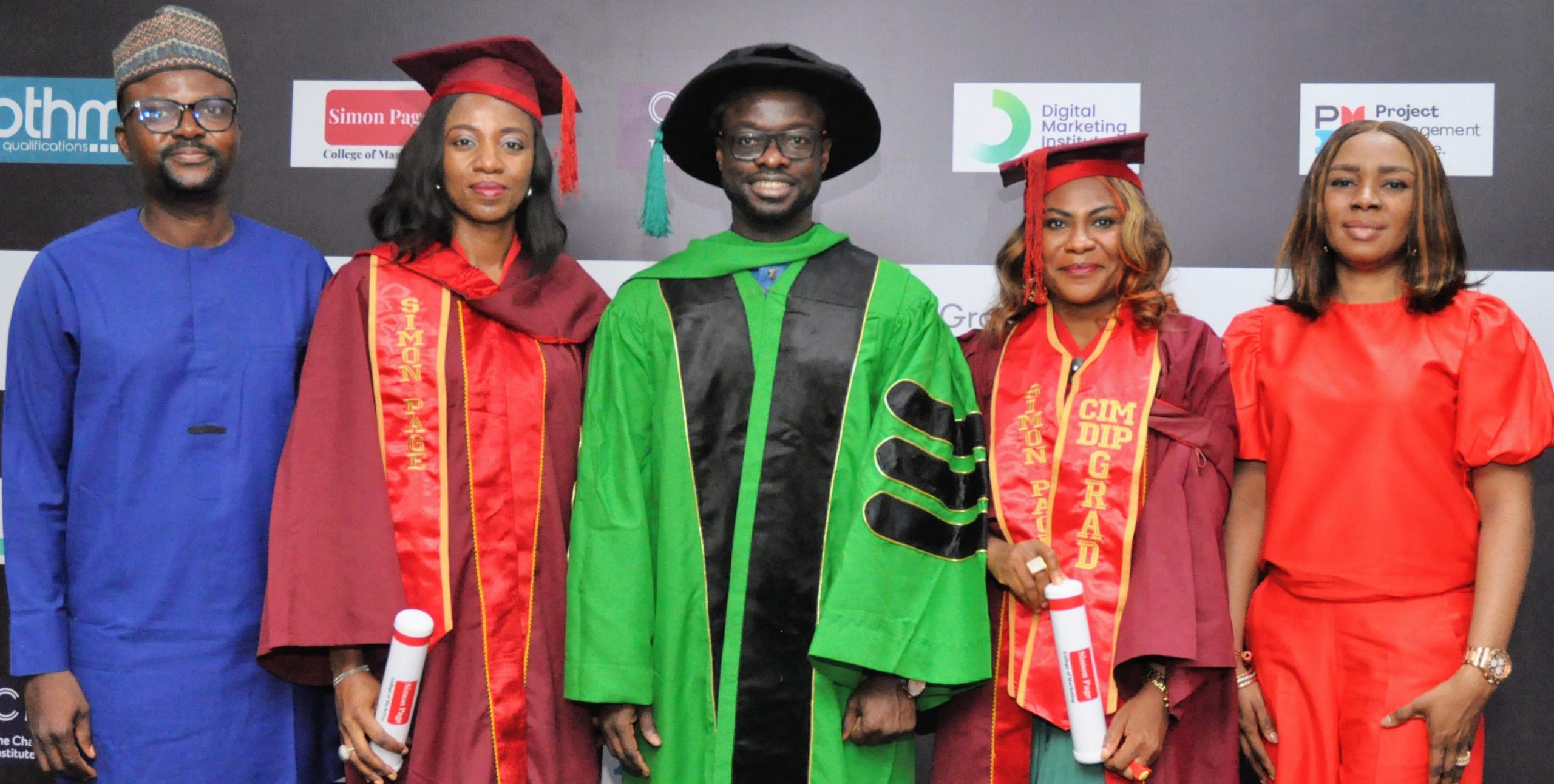 Simon Page College of Marketing Graduates 43 Professionals L-R: The Managing Director/CEO, UAC Foods Limited, Oluyemi Oloyede, overall best student, post graduate diploma in Professional Marketing, Chartered Institute of Marketing (CIM) UK, Foluke Makinde; Founder and CEO, Simon Page College of Marketing, Dr. Princewill Omorogiuwa; overall best student, diploma in Professional Marketing, Chartered Institute of Marketing (CIM) UK, Funmilola Oyewole and Head of Marketing, Lafarge Africa, Oluyomi Moses at the Second Graduation Ceremony of Simon Page College of Marketing Nigeria, in Lagos... recently